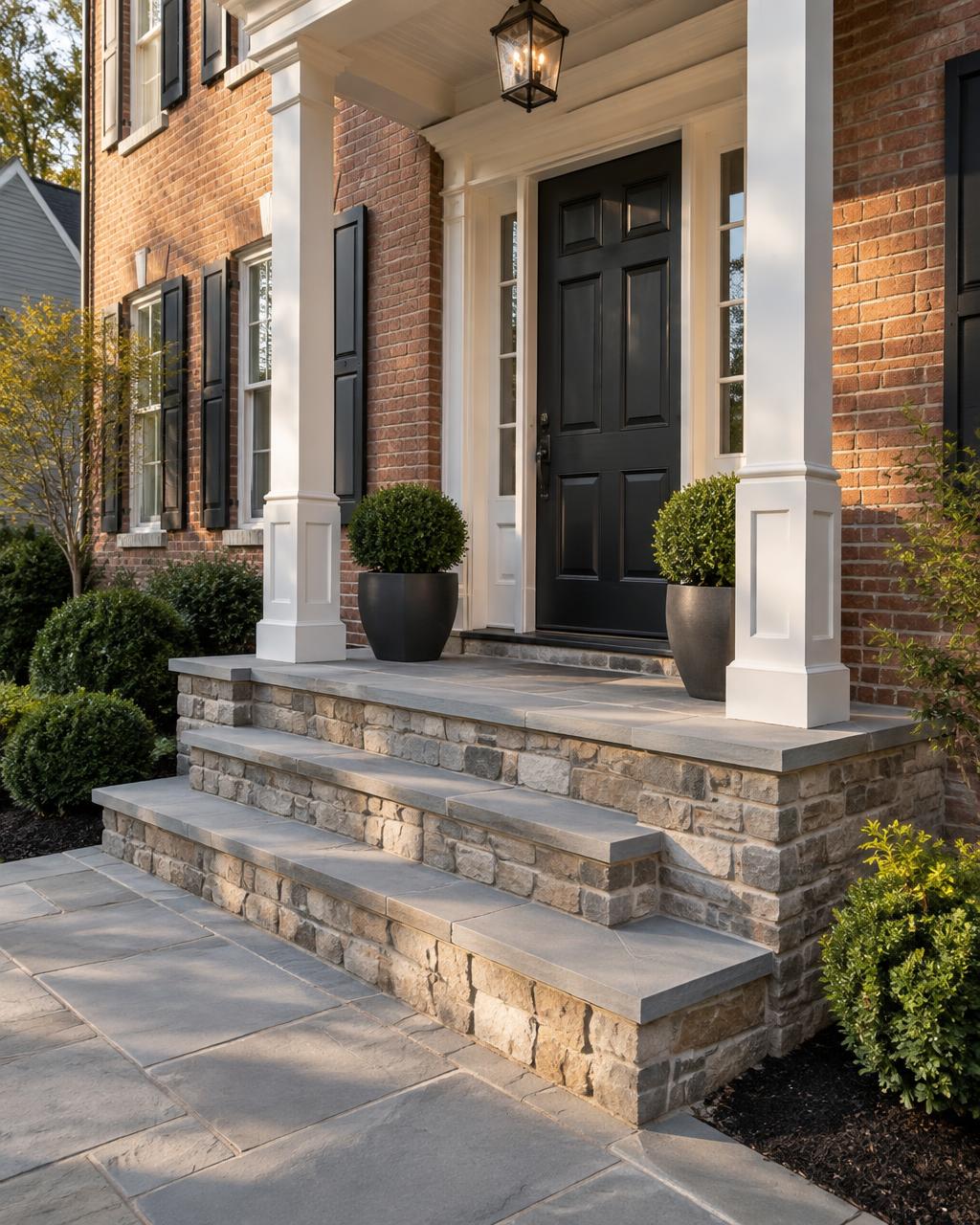 Natural stone stoop with bluestone treads on a brick colonial home